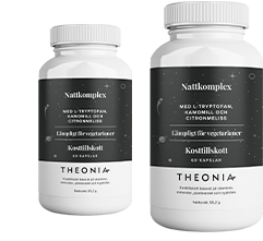Two bottles of Theonia Night Time Complex with L-tryptophan, chamomile, and lemon balm, labeled as suitable for vegetarians, each containing 60 capsules